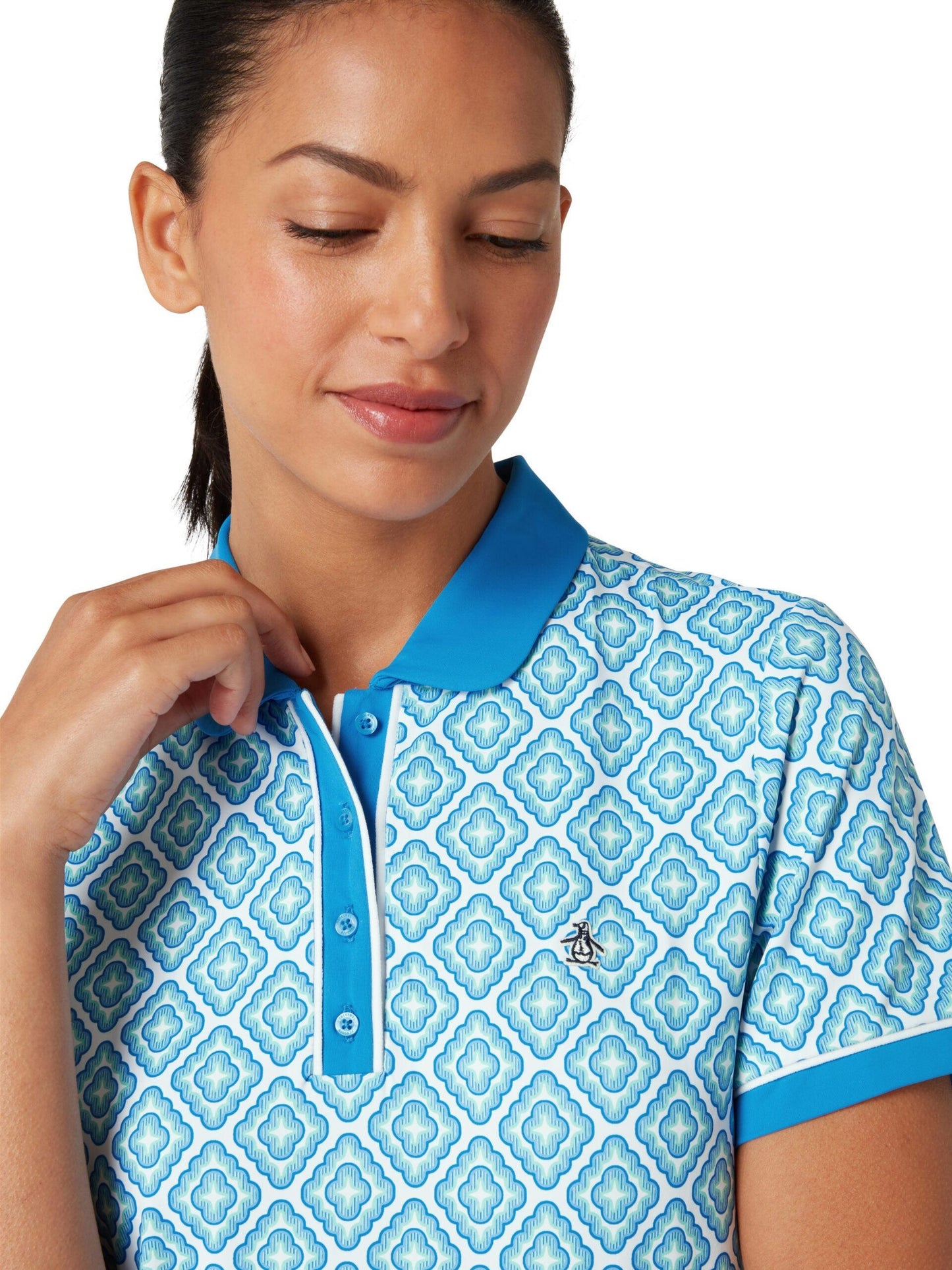 Penguin Sleeve Printed Damenpolo Blau