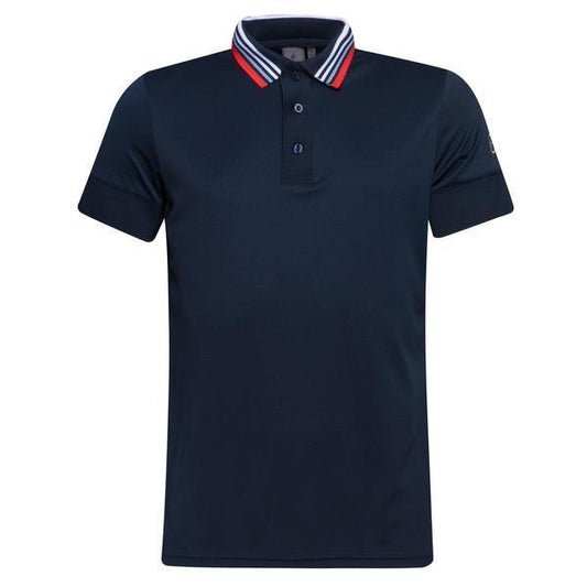 Cross M Stripe Herrengolfpoloshirt D.Blau-Kragen Weiss-Rot