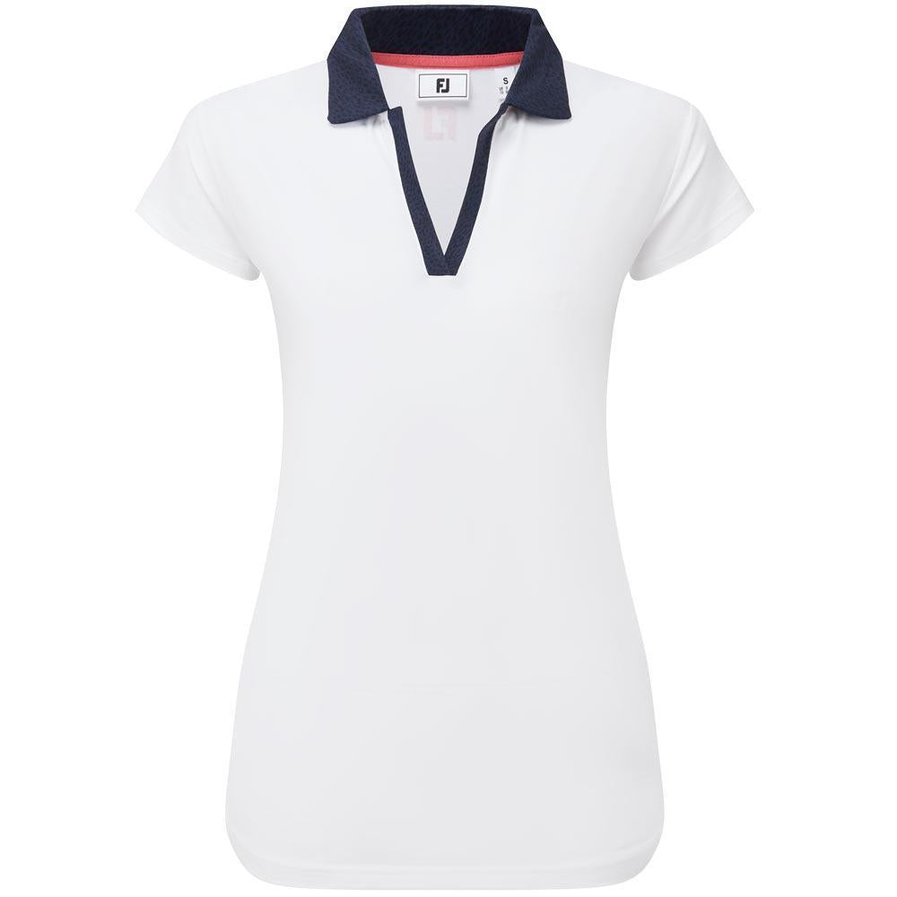 FootJoy Cap Sleeve Print Trim Lisle Damengolfpoloshirt White-Navy
