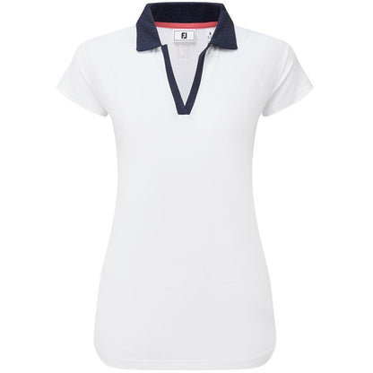 FootJoy Cap Sleeve Print Trim Lisle Damengolfpoloshirt White-Navy