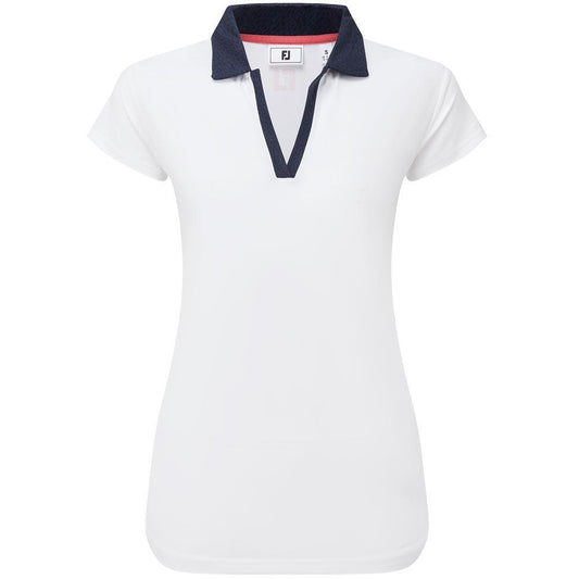 FootJoy Cap Sleeve Print Trim Lisle Damengolfpoloshirt White-Navy